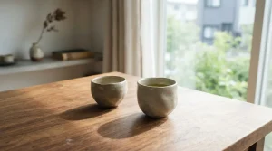 明るい陽光が差す木製テーブルの上で、わずかに形と配置が異なる2つの手作り陶器の器