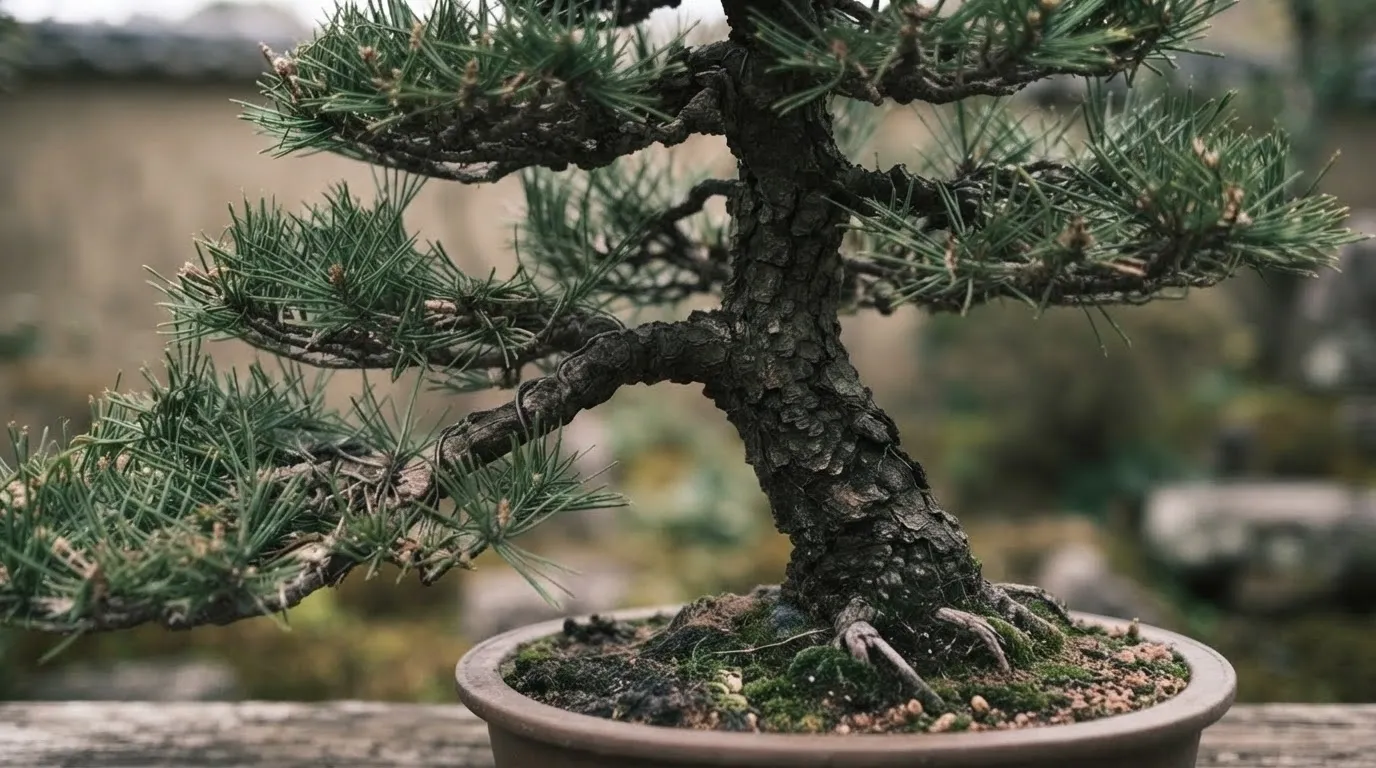幹から横へ伸びる枝と周囲の枝が見える盆栽