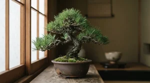 小さな鉢に植えられた盆栽と自然な枝ぶり