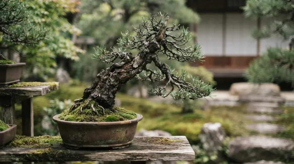 侘び寂びを感じさせる幹の表情と苔のある盆栽