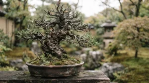 侘び寂びを感じさせる幹の表情と苔のある盆栽