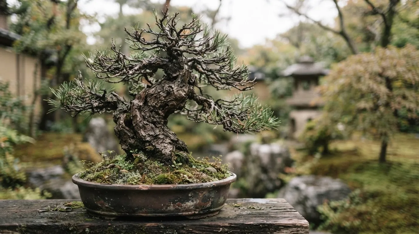 侘び寂びを感じさせる幹の表情と苔のある盆栽